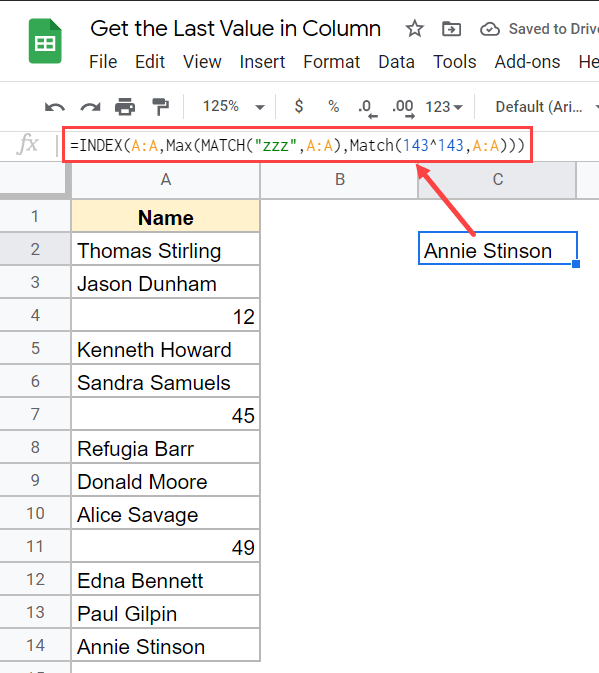 Formula to return the last value in a column - text or number