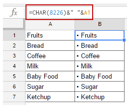 Getting a Bullet Point in Google Sheets using the CHAR formula