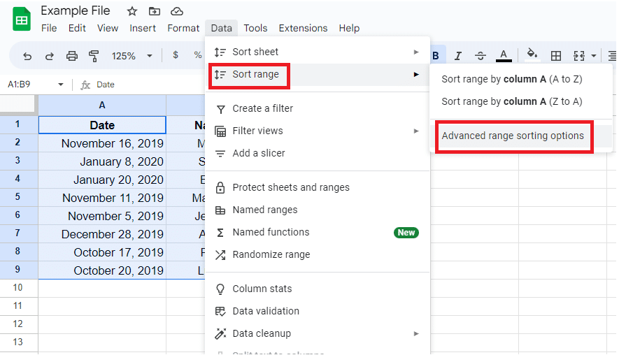 Go to Data > Sort Range and choose Advanced range sorting options.