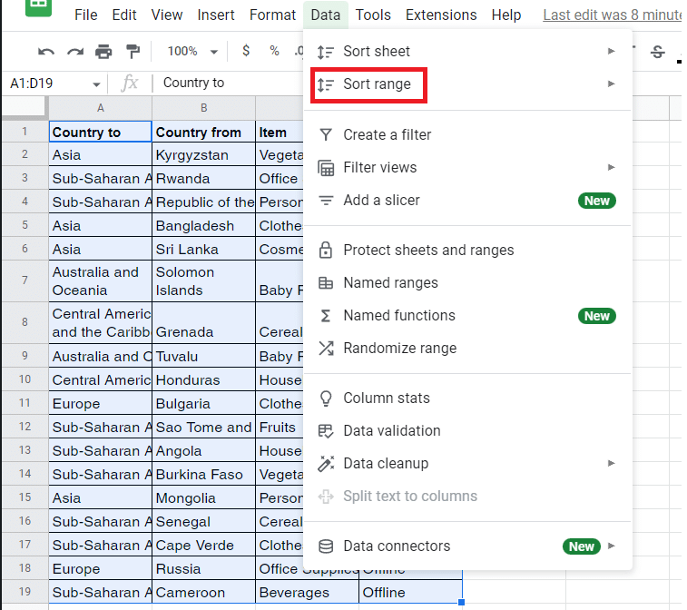 Go to Data > Sort range.