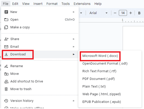 Go to File > Download and choose the format Microsoft Word.