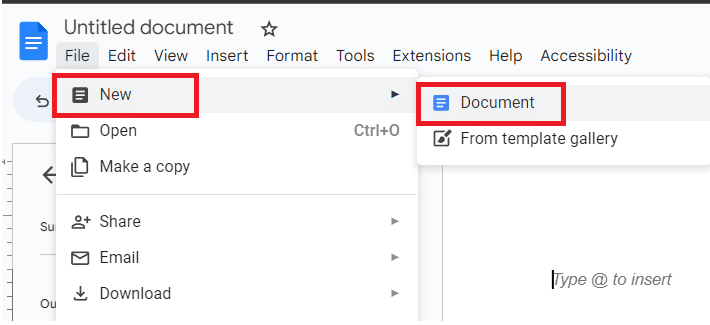 Go to File > New and select Document.