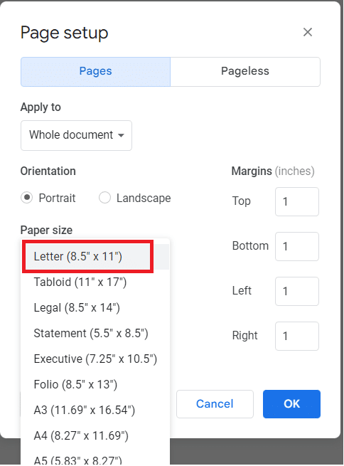 Go to File > Page setup and set the paper size to Letter 8.5 X 11