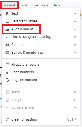 where to find align & indent google docs