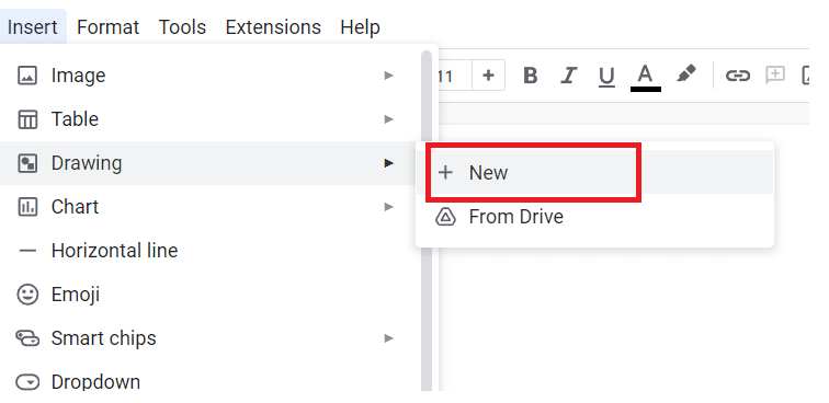 Go to Insert > Drawing. A window will appear for drawing.Click New.