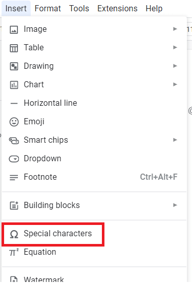 Go to Insert > Special characters