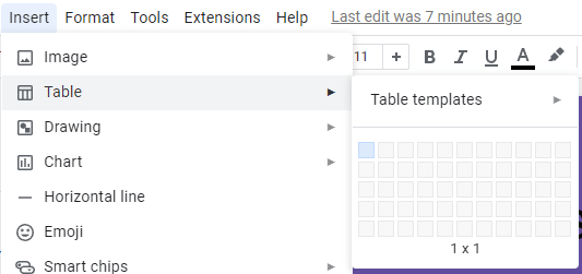 Go to insert > Table and choose the number of rows and columns