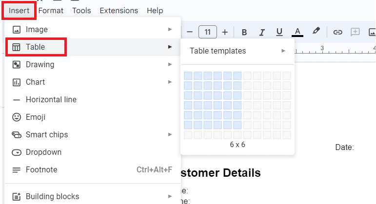 Go to Insert > Table and select 6 columns and 6 rows.