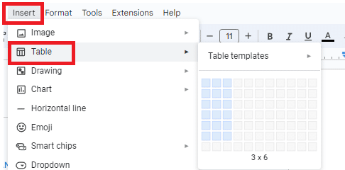 Go to Insert > Table.