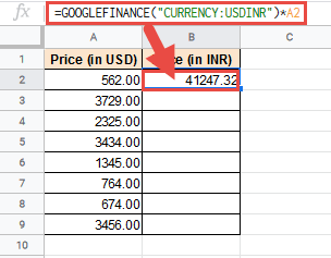 Google finance USD to INR formula