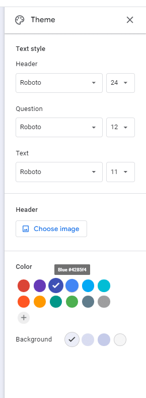 Google forms theme window