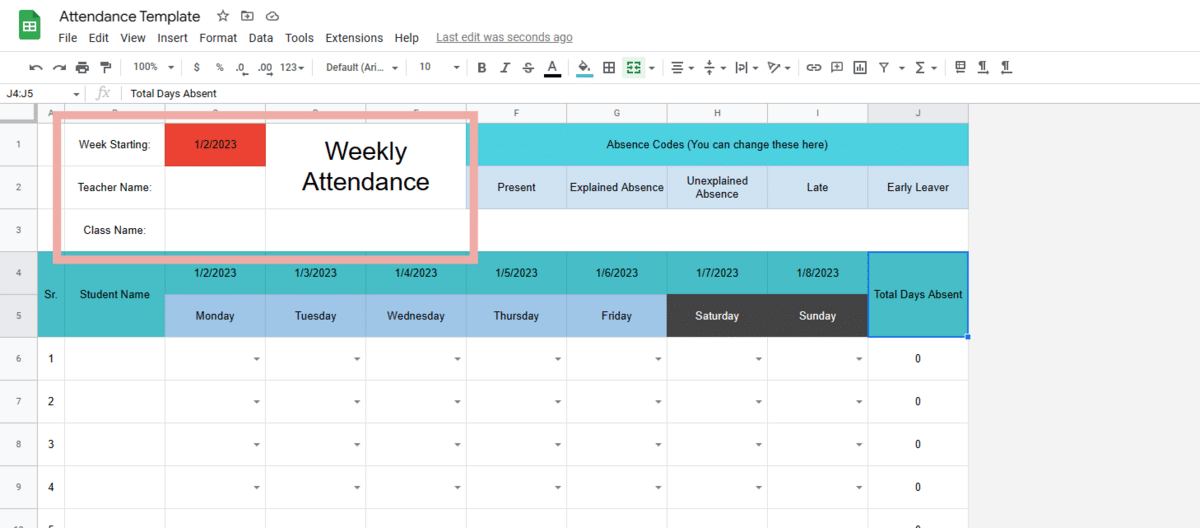 Google Sheets attendance template