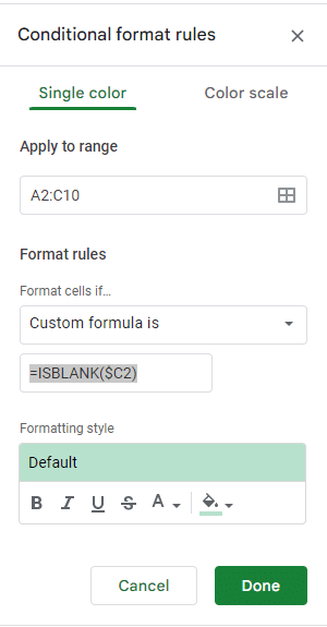 google sheets highlight rows based on cell using isblank