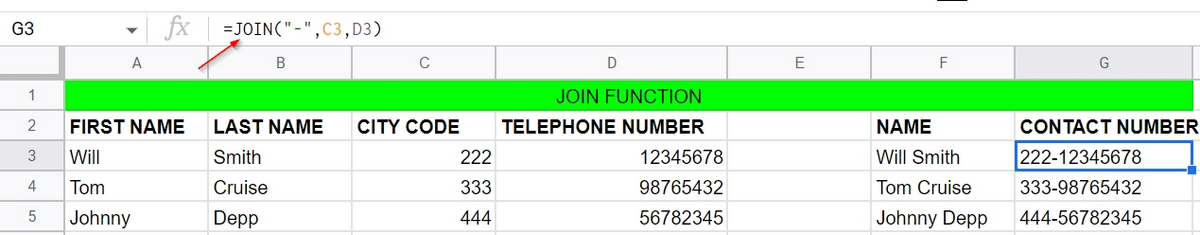 Google sheets join function for numbers