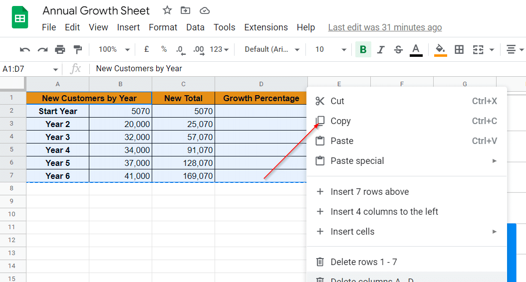 annual growth sheet - google sheets