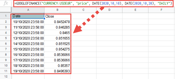 GOOGLEFINANCE to Fetch Currency Exchange Rates over a Time Period