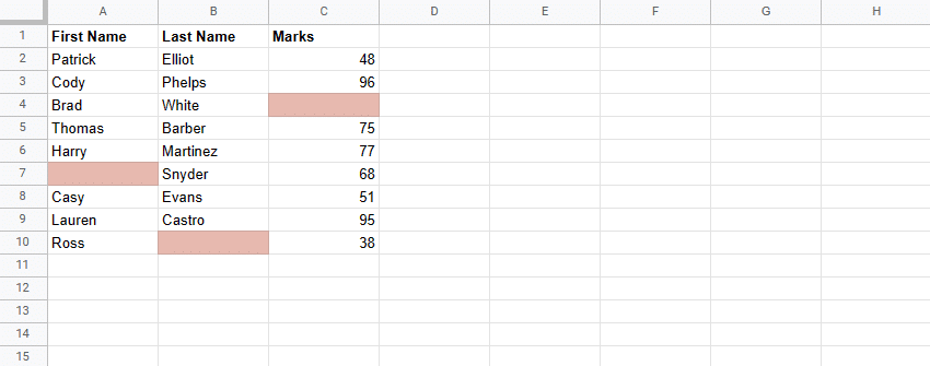 Highlighted empty cells