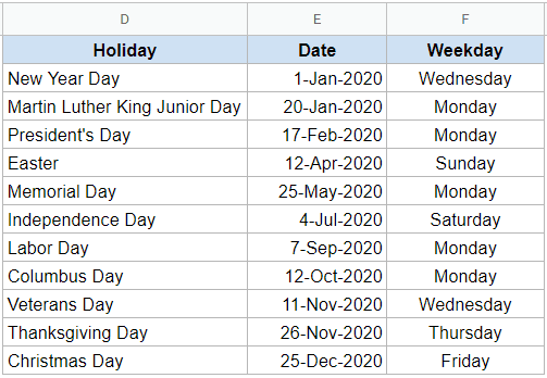 Holiday Calendar