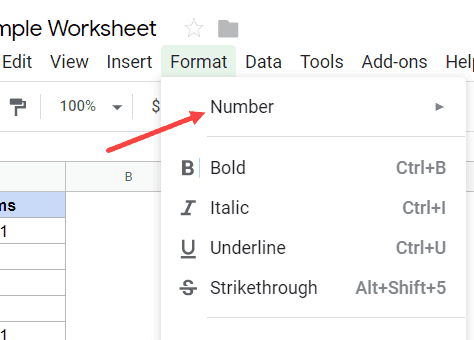 Hover on Number option in the Format tab