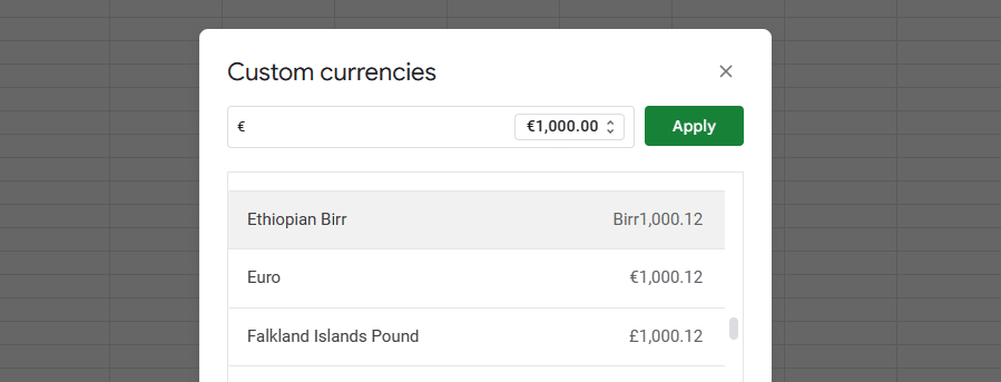 How to add custom currency symbols in Google Sheets