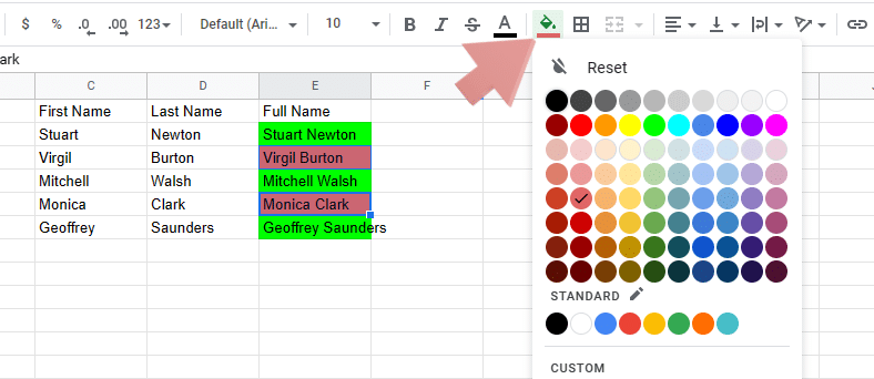 How to add fill colors in Google Sheets