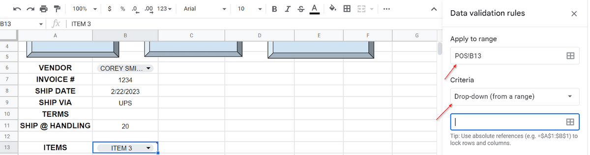 how to choose dropdown range google sheets