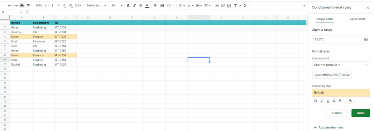 how to highlight duplicates in Google Sheets with multiple criteria