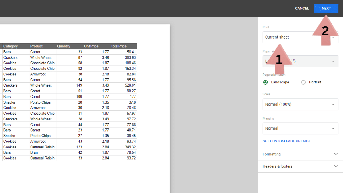 How to select the print area in Google Sheets