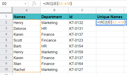 How to use the UNIQUE function to find duplicates