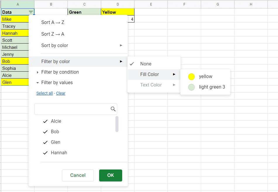 If you go to the filter optin on the header row and select Filter by color > Fill color, You should see your color options.