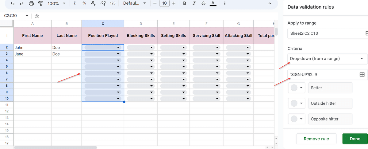 Using data validation for volleyball stats sheet