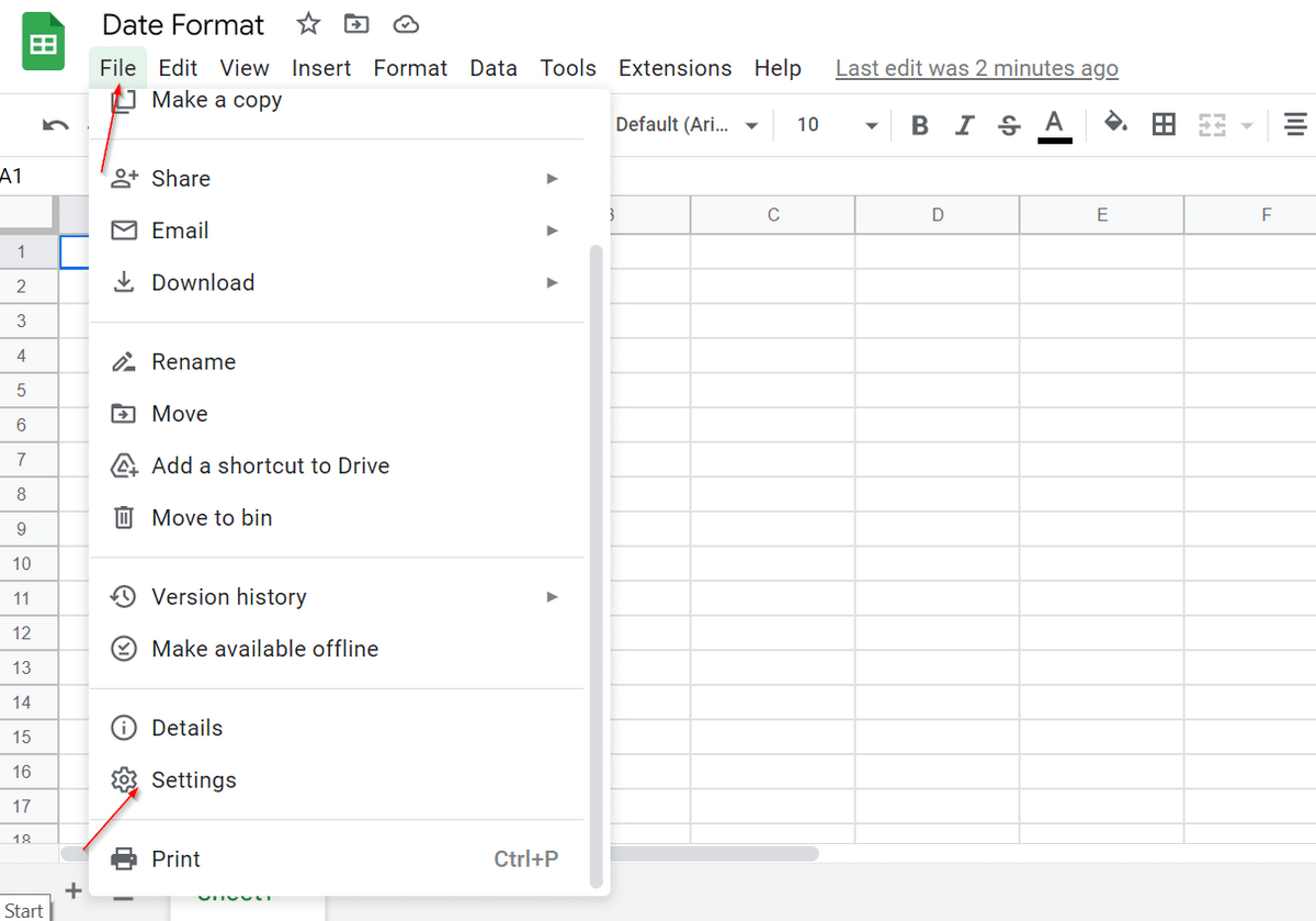 How to change the date format in Google Sheets—displaying the settings option