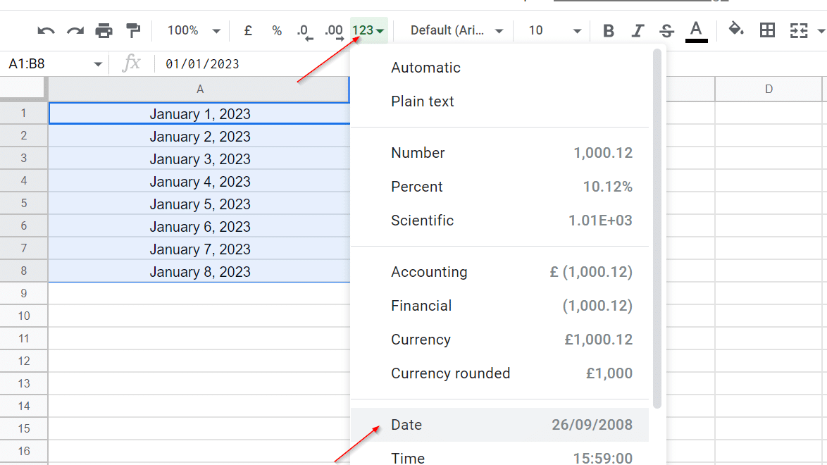 How to change the date format in Google Sheets—123 icon
