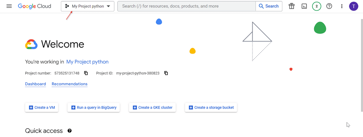 Python Google Sheets—Google Cloud console home page