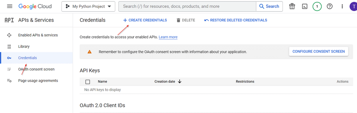 Create credentials menu