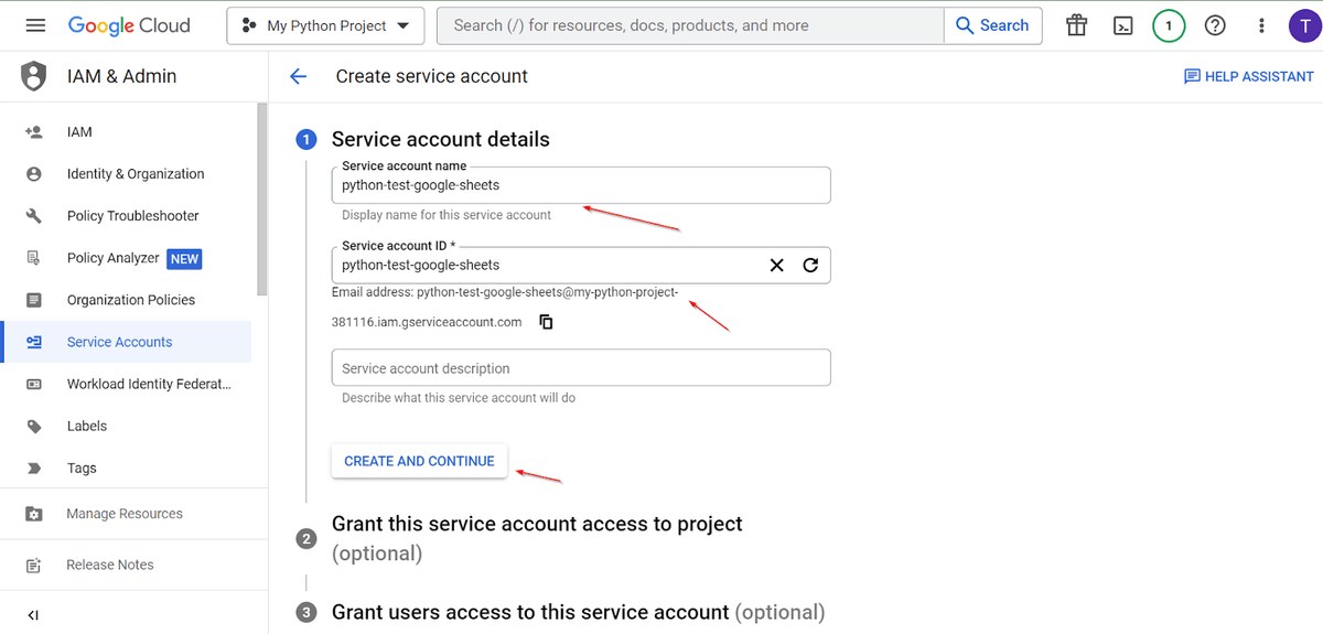 Enter service account details