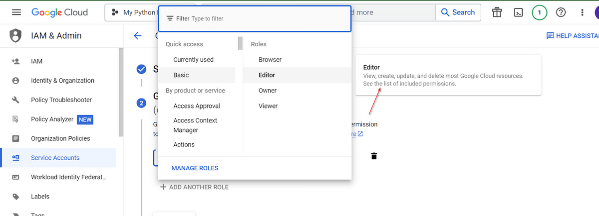 Select service account Editor option