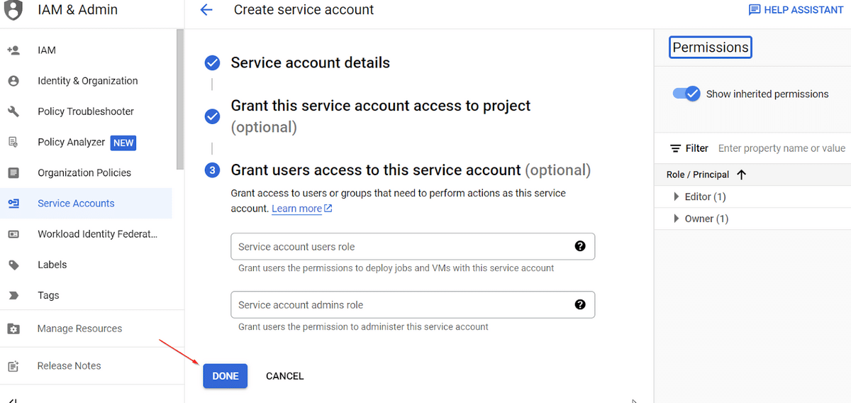 Complete service account by clicking "Done"