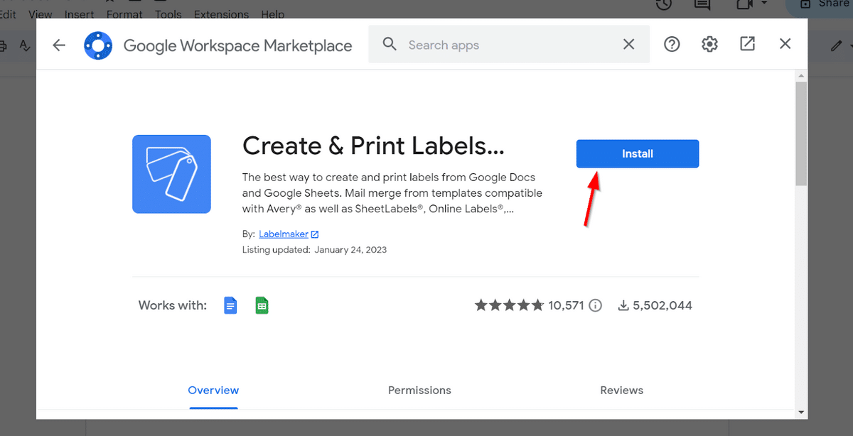 Install Labelmaker on Google Docs