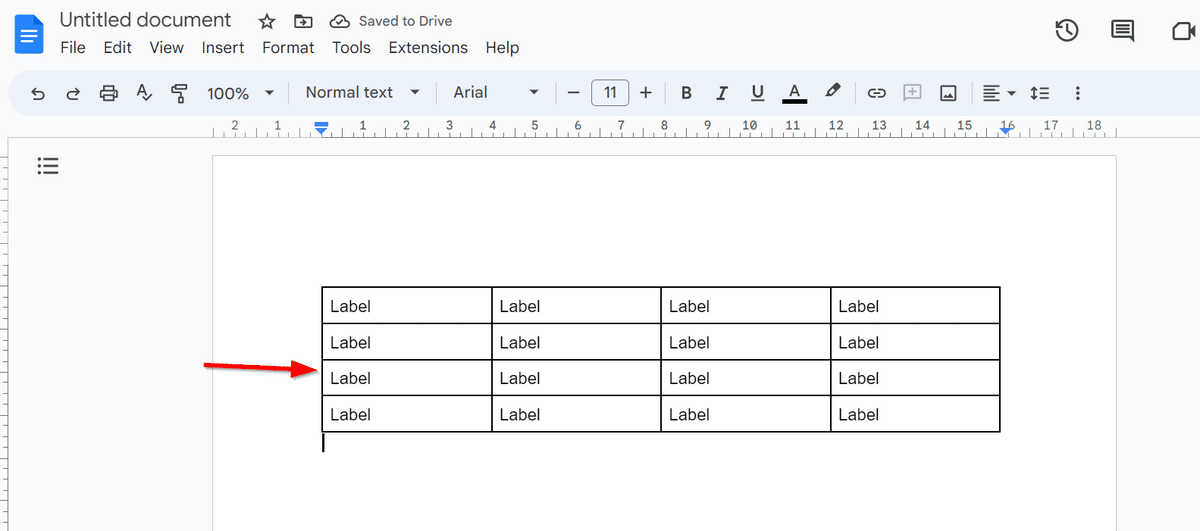 Completed Google Docs table filled with word label