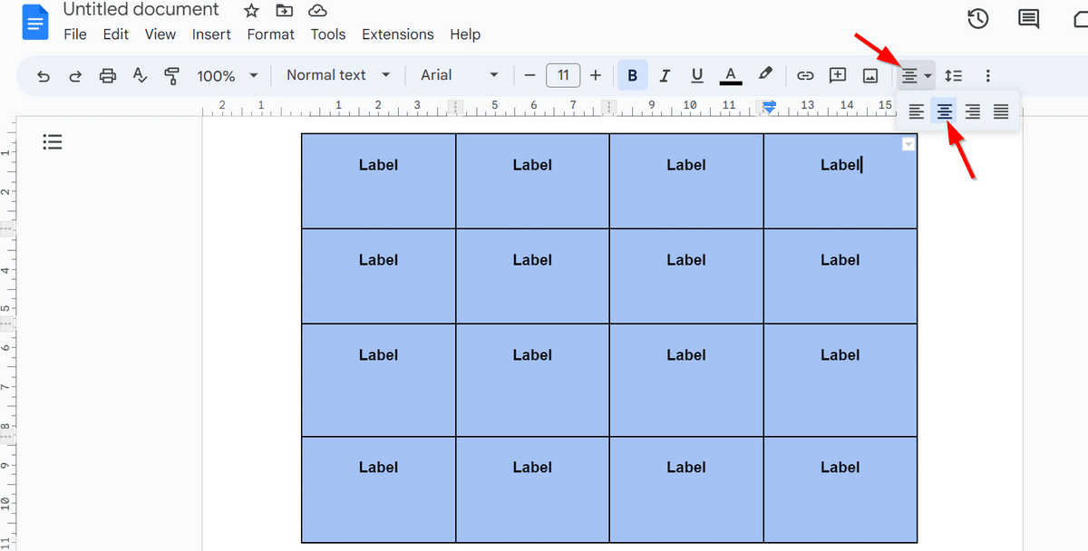 How to center align labels in Google Docs