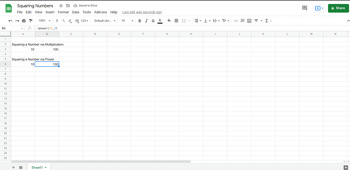 squaring a number via power in google sheets