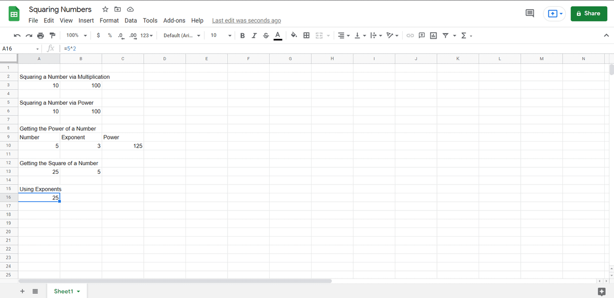 Using Base^exponent in Google Sheets