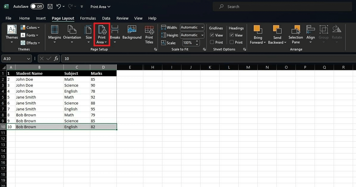 Where to find the print area options in Excel