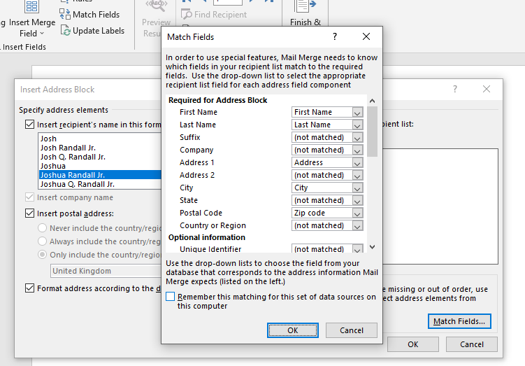 Click on the Address Block button and check the Match Fields box to confirm that the fields match