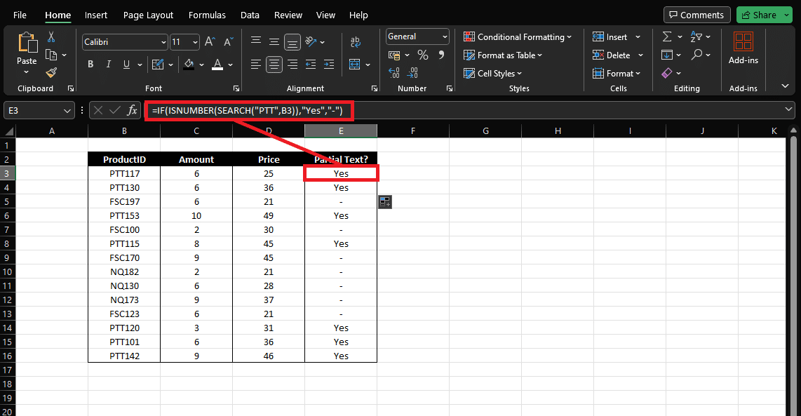 Excel IF contains partial text example sheet