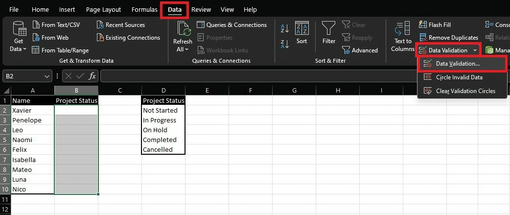 Excel drop down list—Open the data validation menu