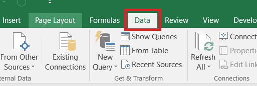 Red markup showing how to go to the Data tab in the Excel ribbon.