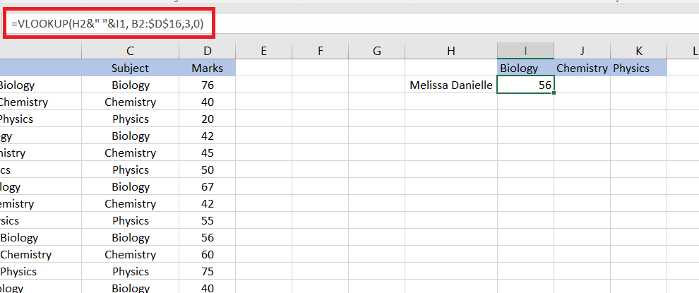 Results of Vlookup with multiple criteria