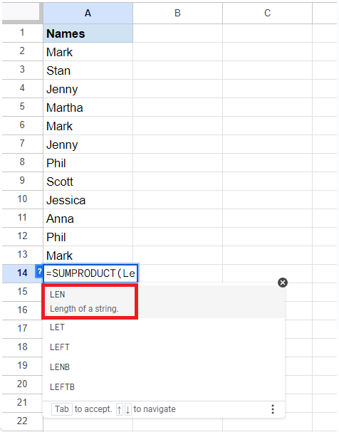 Type LEN from the formula suggestions.